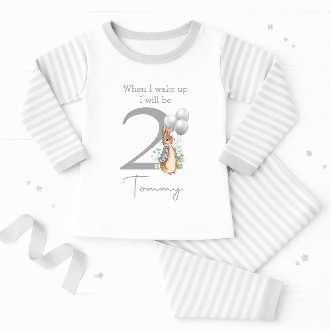 Personalised Classic Grey Rabbit When I Wake Grey Stripe Boys 2nd Birthday Pyjamas