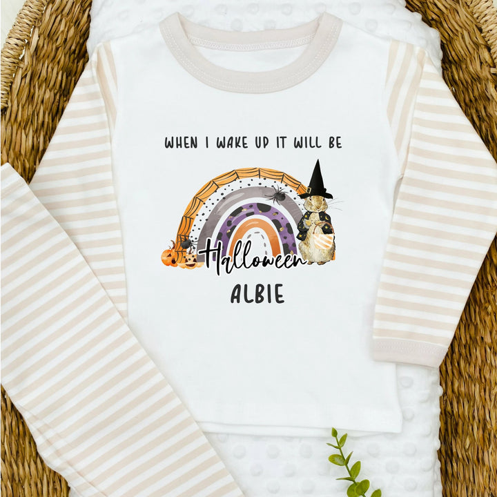 Personalised When I Wake Up It Will Be Halloween Beige Stripe Pyjamas