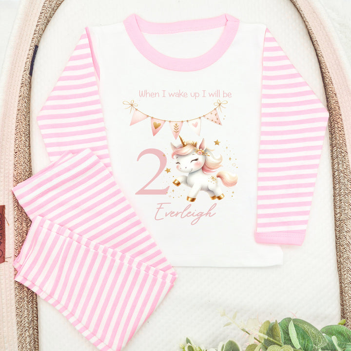 Personalised Pastel Unicorn Pink Stripe Second Birthday Pyjamas