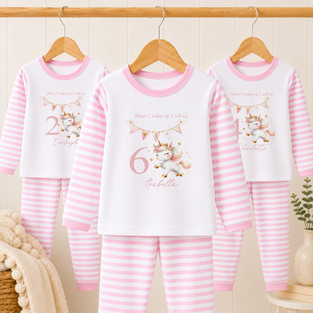 Personalised Pastel Unicorn Any Age Pink Birthday Pyjamas