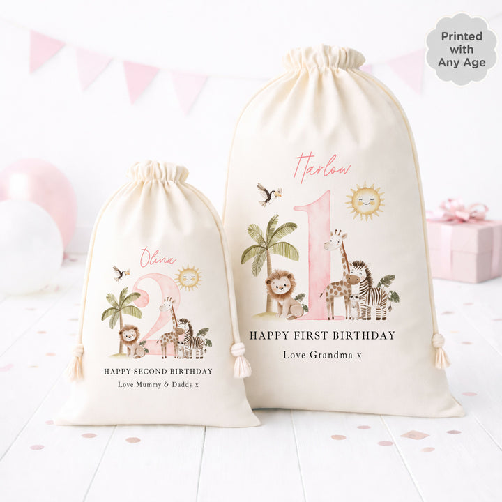 Personalised Pink Safari Birthday Gift Sack