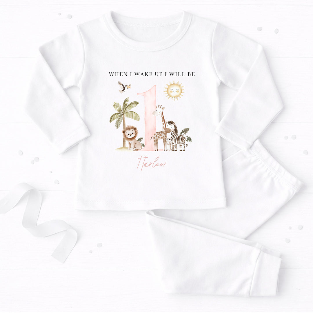Personalised Pink Safari When I Wake Up I Will Be One Birthday Pyjamas
