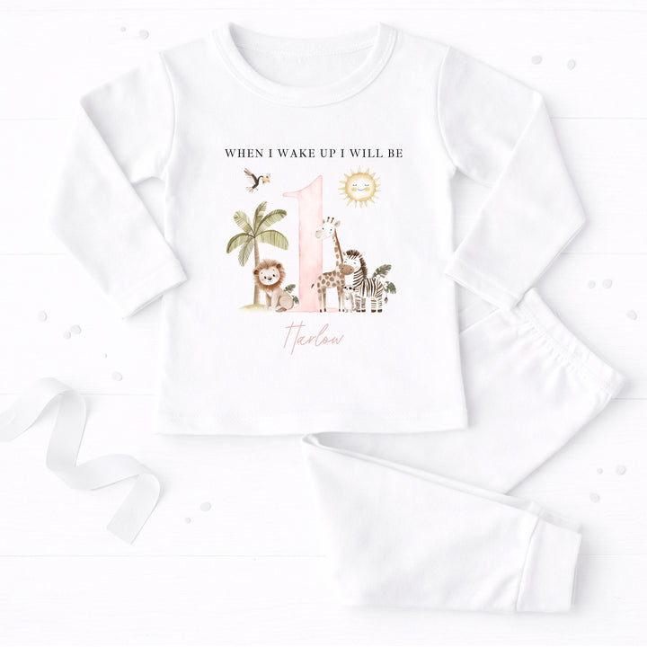 Personalised Pink Safari When I Wake Up I Will Be One Birthday Pyjamas