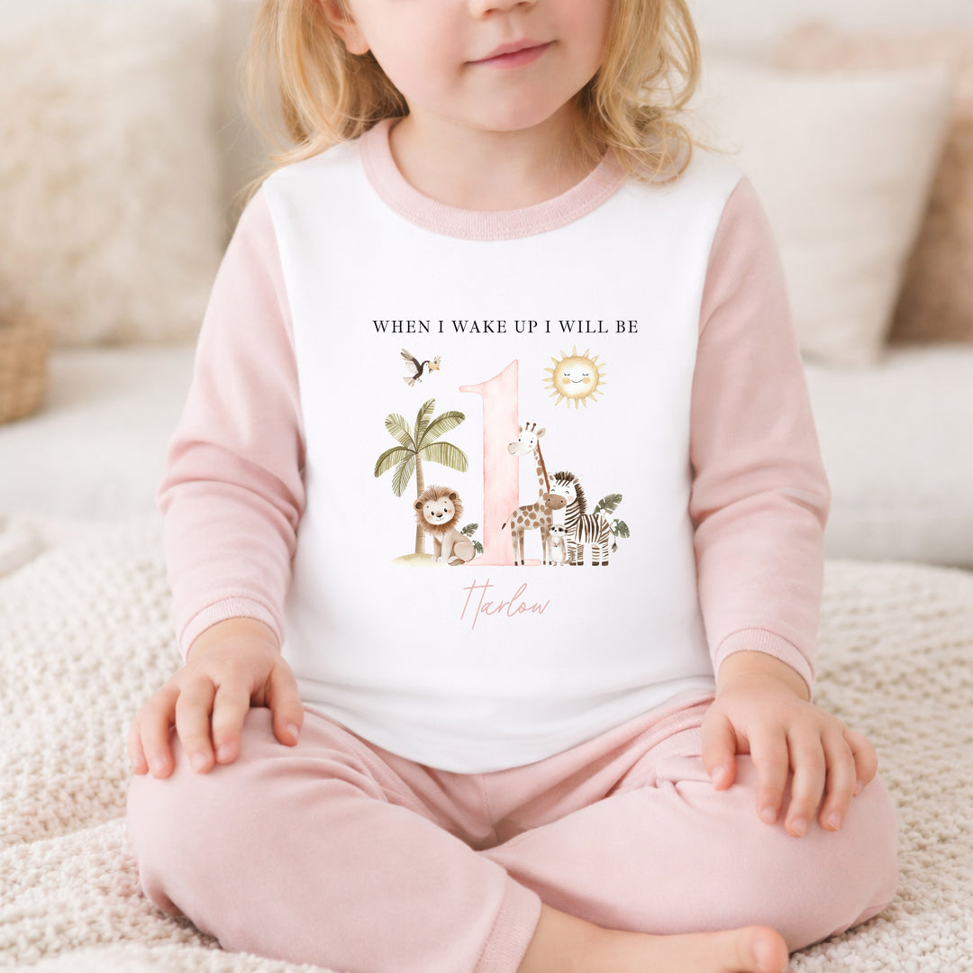 Personalised Pink Safari When I Wake Up I Will Be One Birthday Pyjamas
