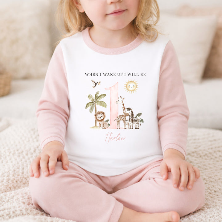 Personalised Pink Safari When I Wake Up I Will Be One Birthday Pyjamas