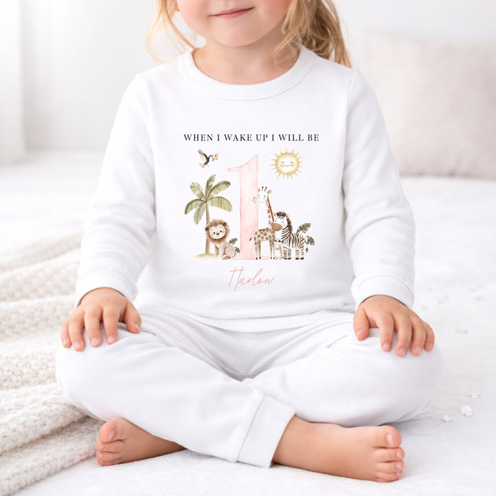 Personalised Pink Safari When I Wake Up I Will Be One Birthday Pyjamas
