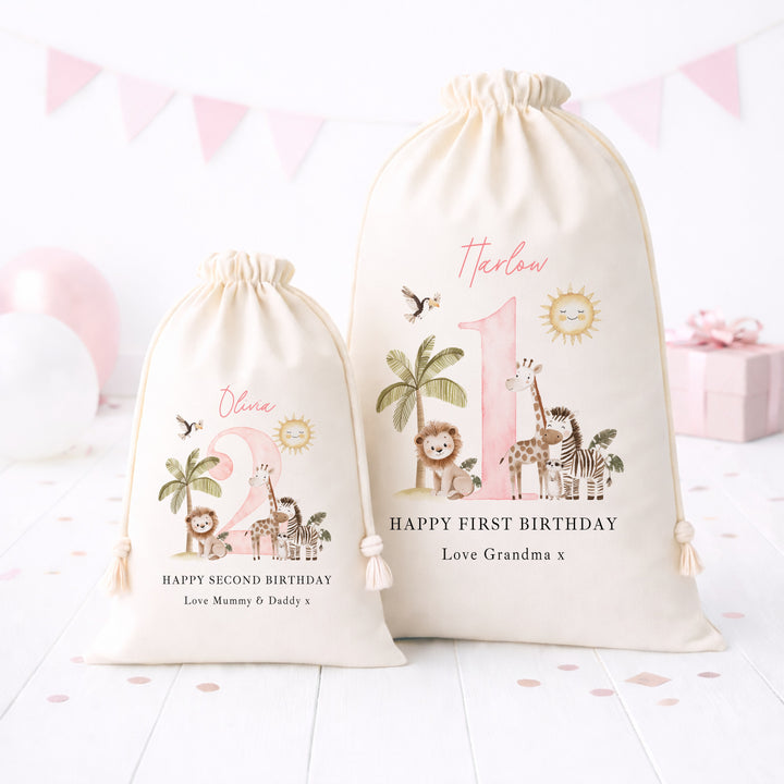 Personalised Pink Safari Birthday Gift Sack