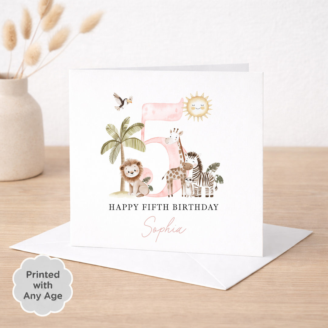 Personalised Pink Safari Any Age Birthday Card