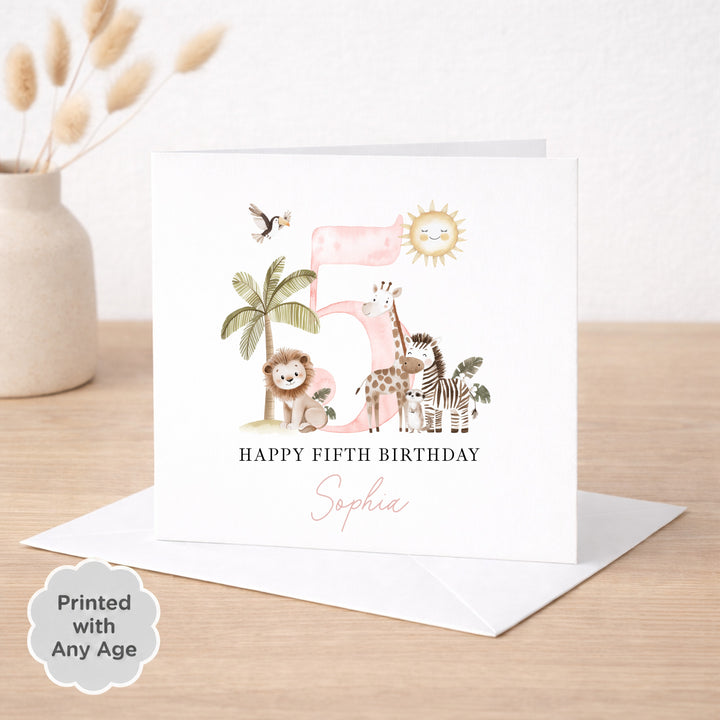 Personalised Pink Safari Any Age Birthday Card