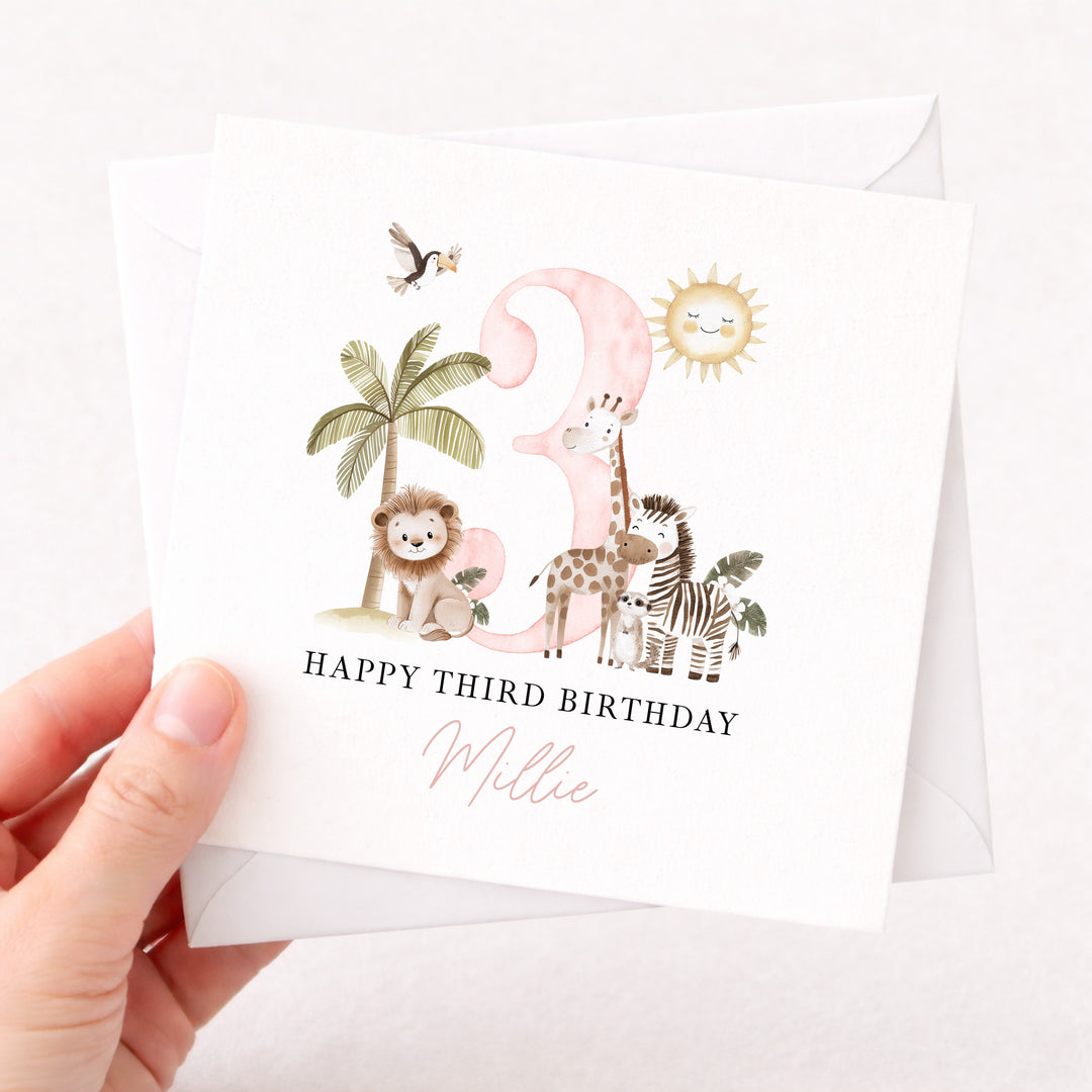 Personalised Pink Safari Any Age Birthday Card