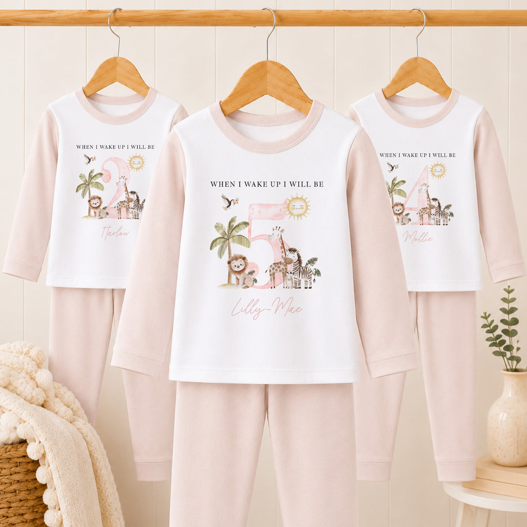 Personalised Pink Safari Any Age Birthday Pyjamas