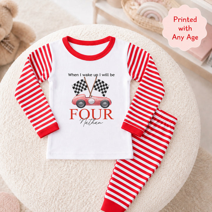 Personalised Red Racecar Any Age Birthday Pyjamas