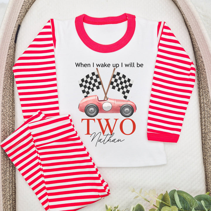 Personalised Red Racecar Red Stripe Birthday Pyjamas