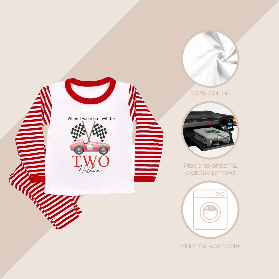 Personalised Red Racecar Red Stripe Birthday Pyjamas