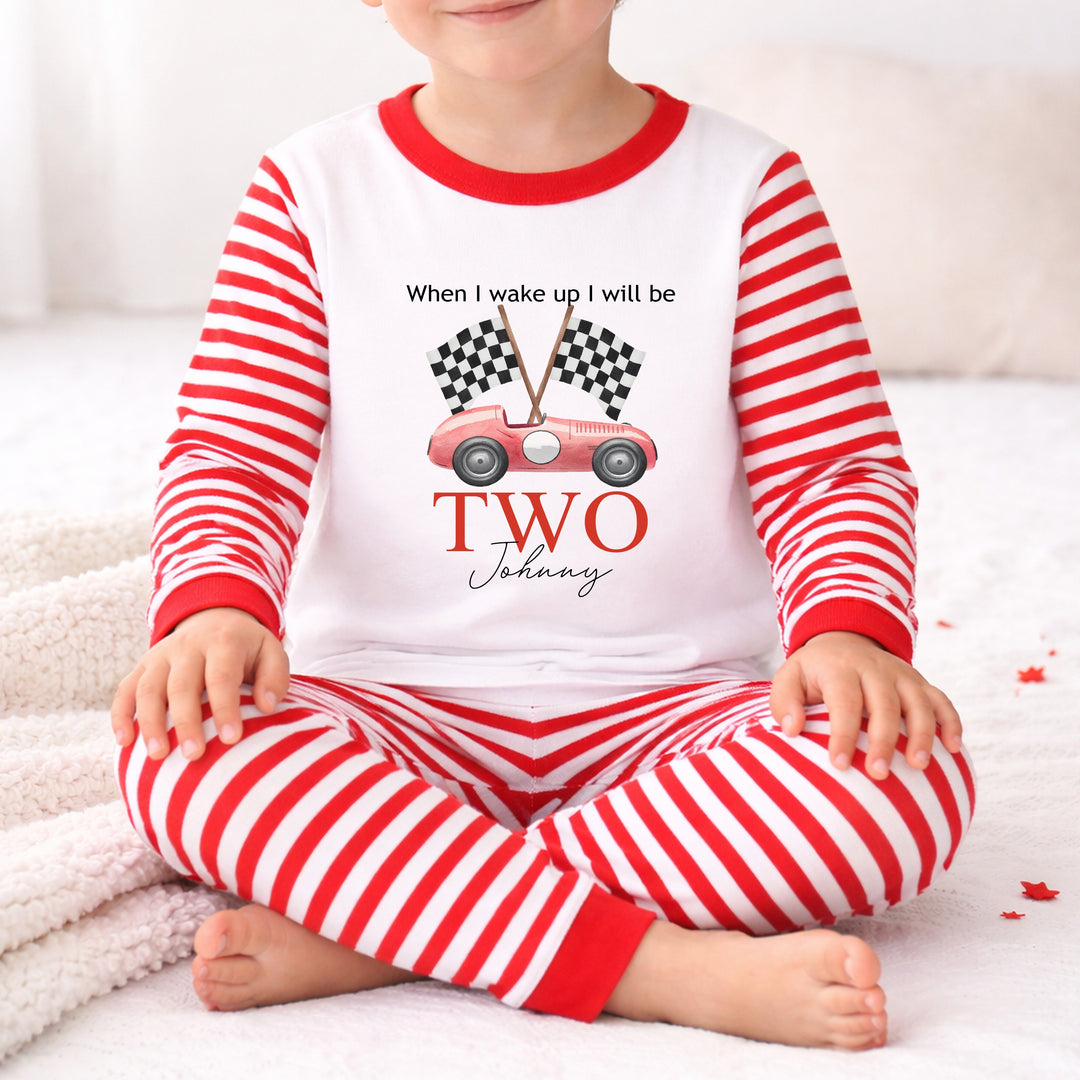 Personalised Red Racecar Red Stripe Boys Second Birthday Pyjamas