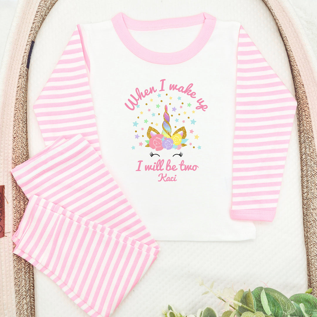Personalised Unicorn Pink Stripe Second Birthday Pyjamas