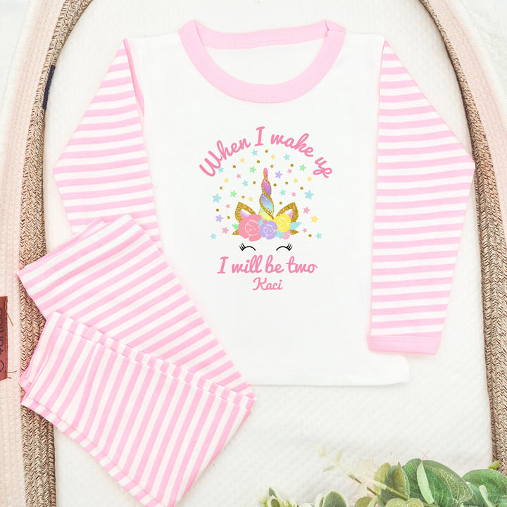 Personalised Unicorn Pink Stripe Second Birthday Pyjamas