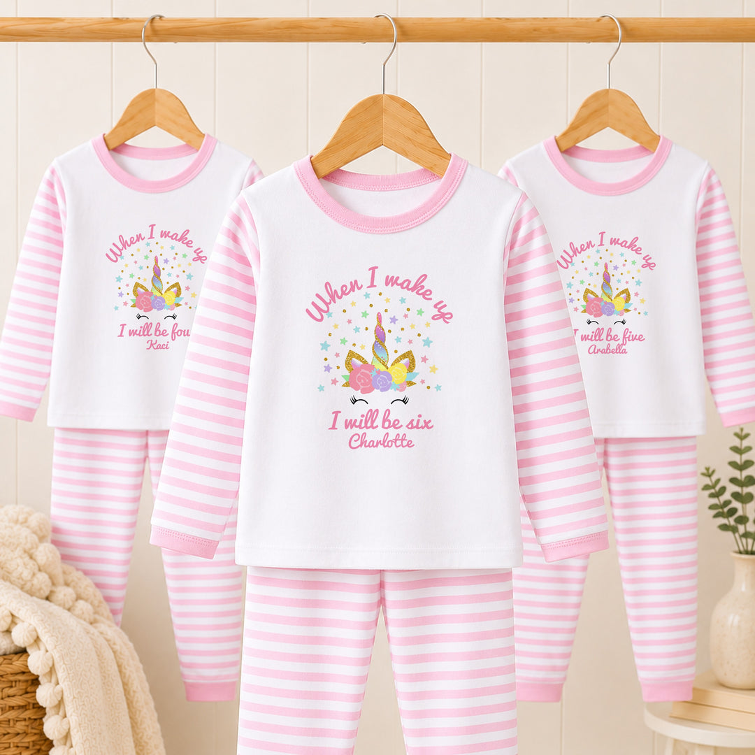 Personalised Unicorn Pink Stripe Any Age Birthday Pyjamas