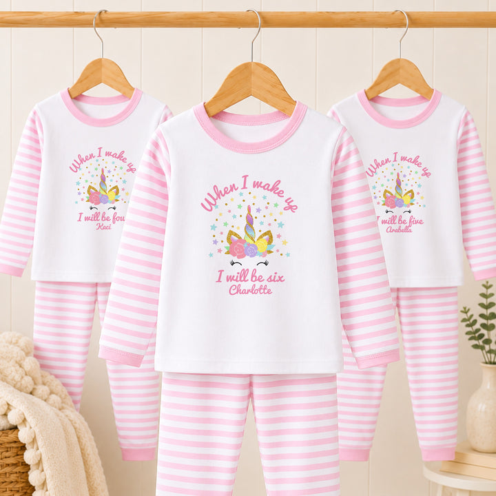Personalised Unicorn Pink Stripe Any Age Birthday Pyjamas