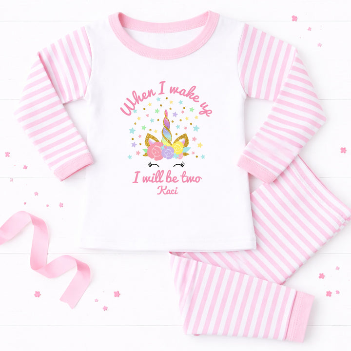 Personalised Unicorn Pink Stripe Second Birthday Pyjamas