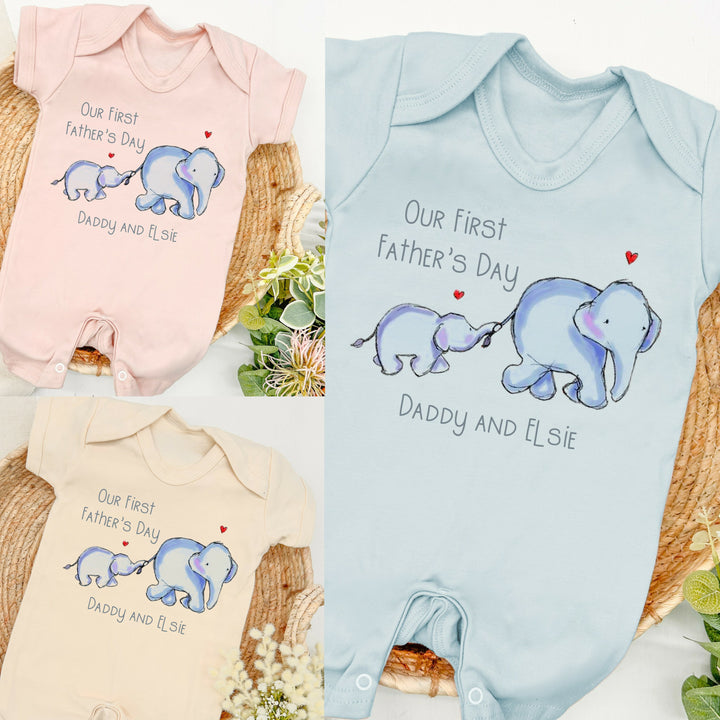 Our First Father's Day Blue Elephants Romper Pink, Blue & Beige