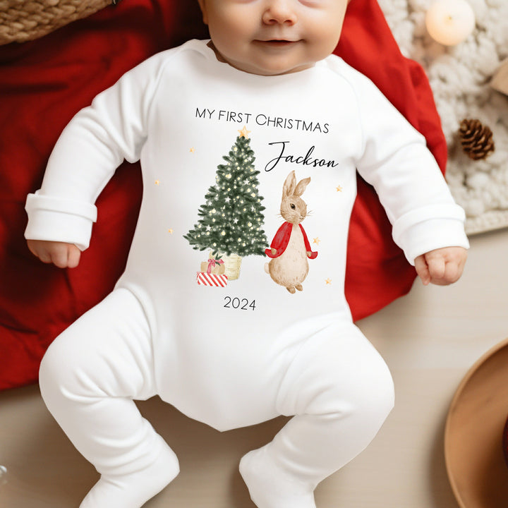 Personalised My First Christmas Red Rabbit Babygrow/Vest/Bib