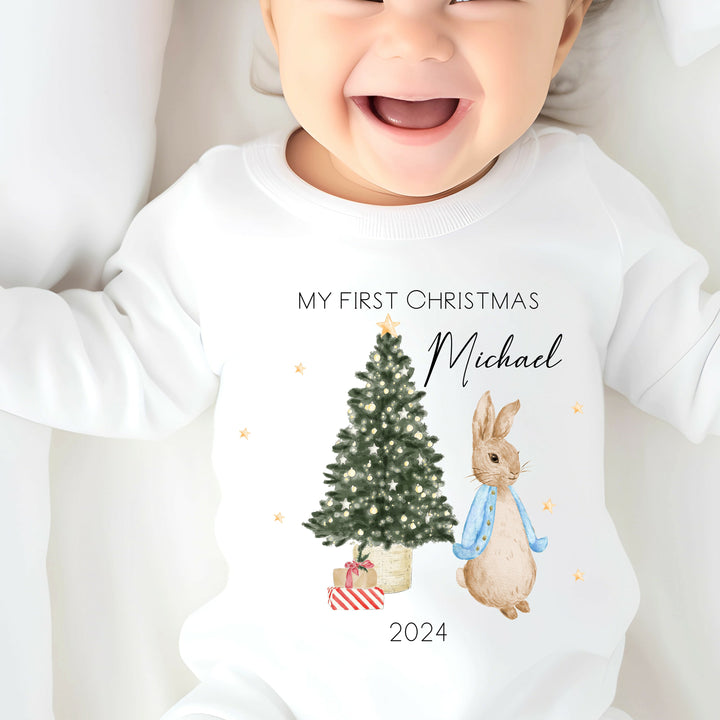 Personalised My First Christmas Blue Rabbit Babygrow/Vest/Bib