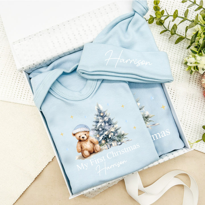 Personalised Blue Teddy Christmas Clothing Gift Set