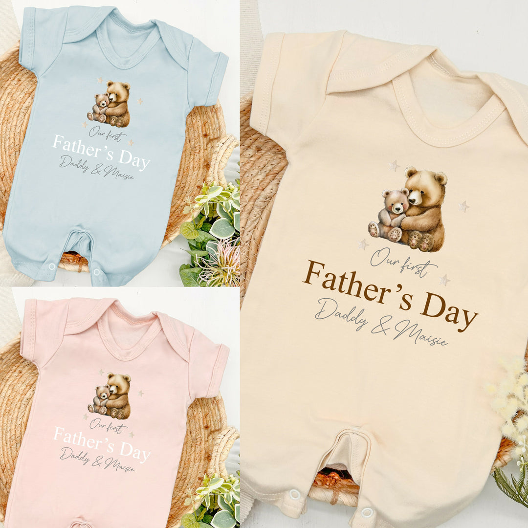 Our First Father's Day Brown Bear Romper Pink, Blue & Beige