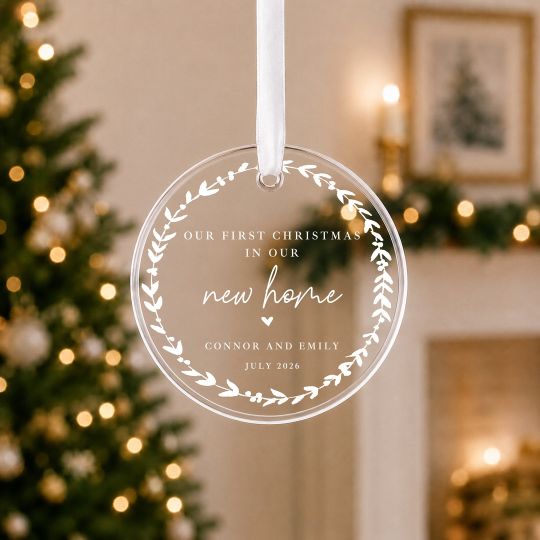 Personalised Wreath Our First Christmas In Our New Home Acrylic Christmas Bauble