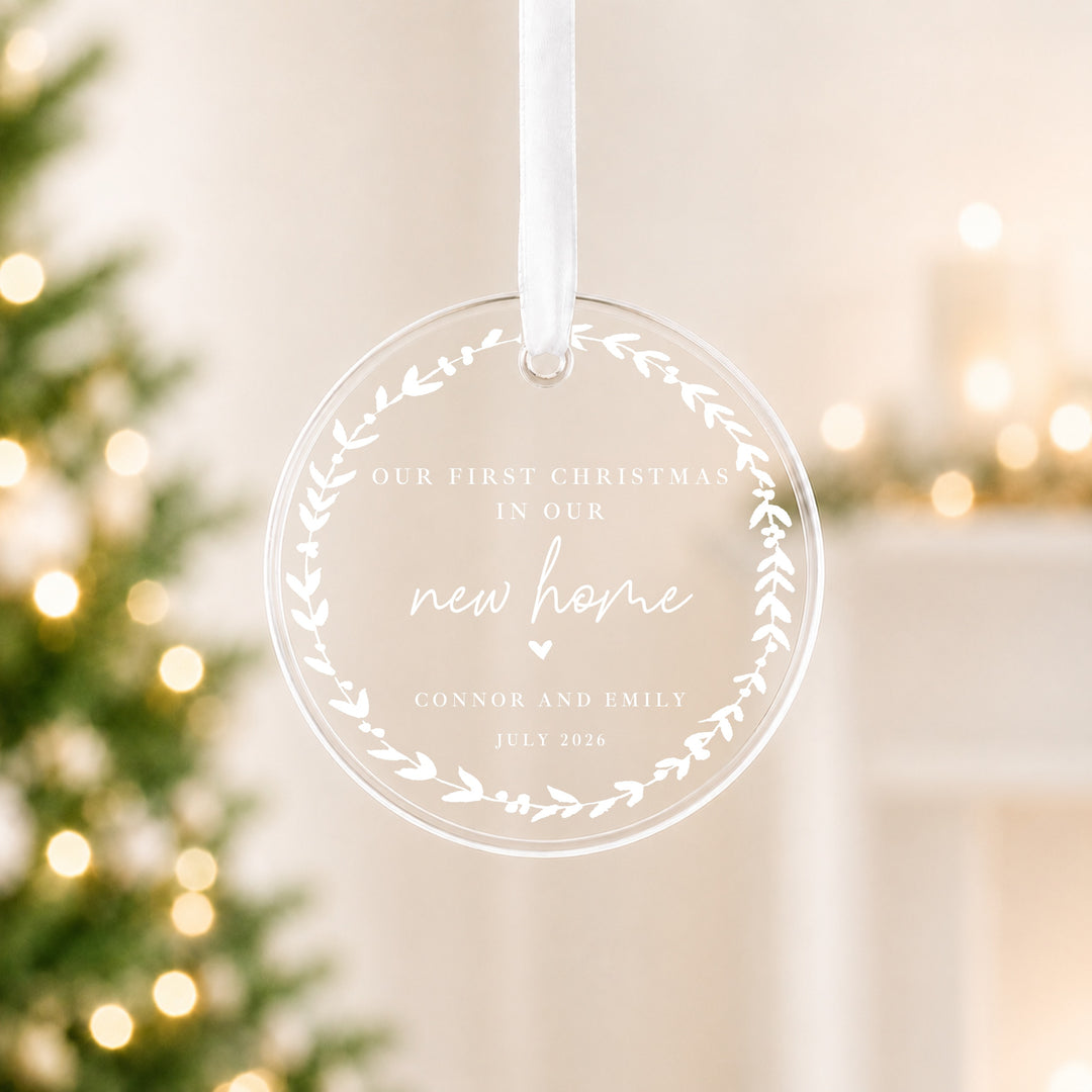 Personalised Wreath Our First Christmas In Our New Home Acrylic Christmas Bauble