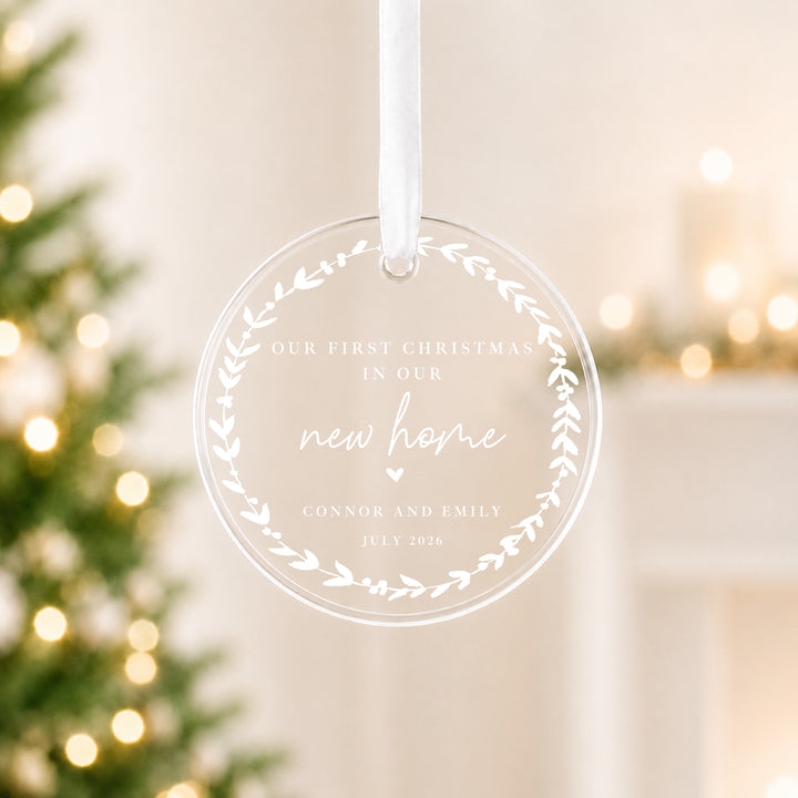 Personalised Wreath Our First Christmas In Our New Home Acrylic Christmas Bauble