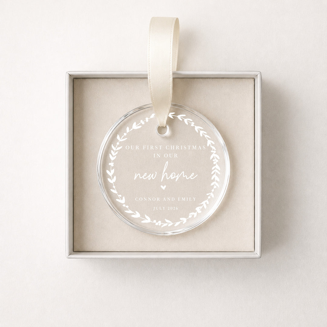 Personalised Wreath Our First Christmas In Our New Home Acrylic Christmas Bauble