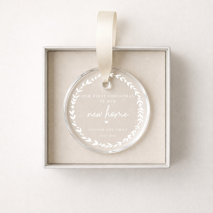 Personalised Wreath Our First Christmas In Our New Home Acrylic Christmas Bauble