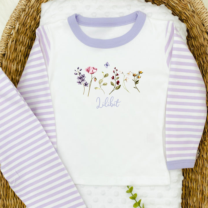 Personalised Wild Flower Pink/Lilac Stripe Pyjamas