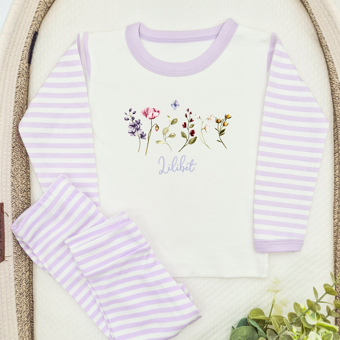 Personalised Wild Flower Pink/Lilac Stripe Pyjamas
