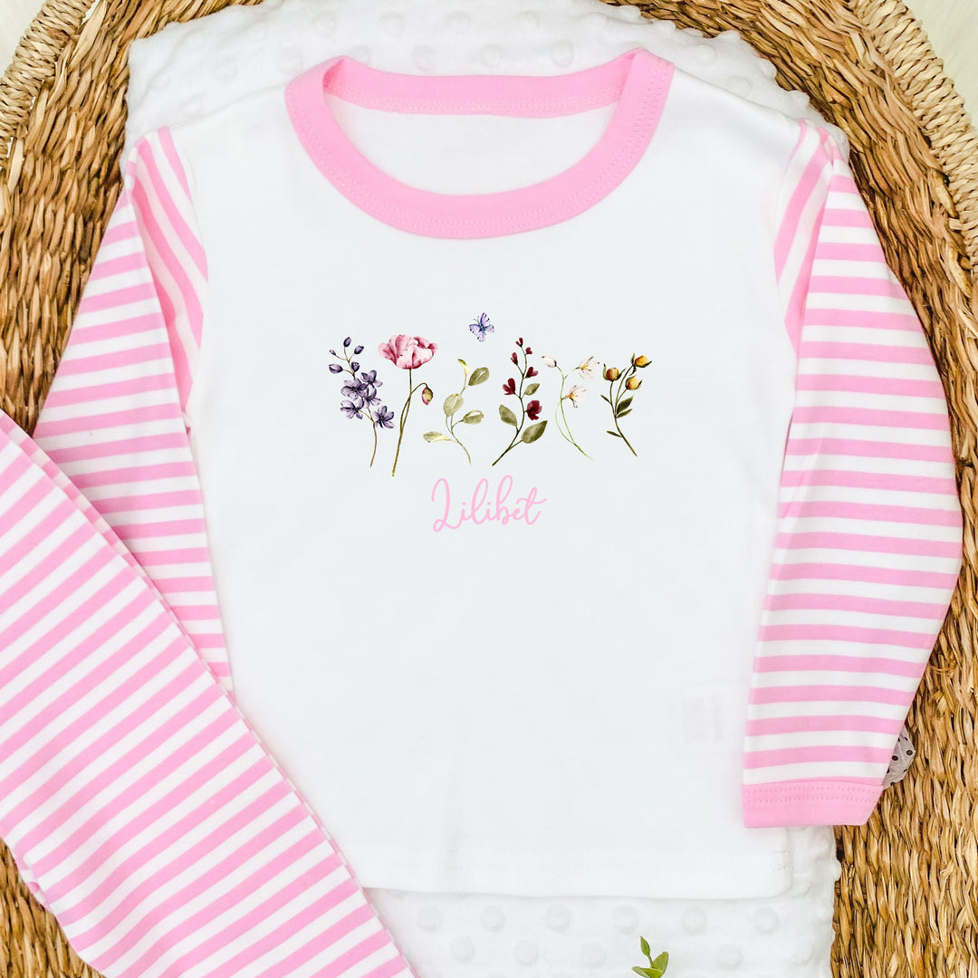 Personalised Wild Flower Pink/Lilac Stripe Pyjamas