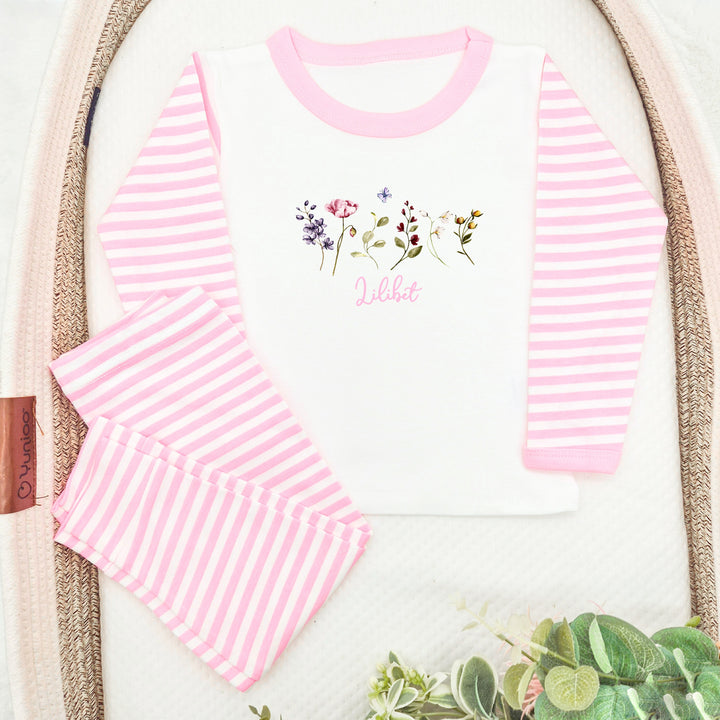 Personalised Wild Flower Pink/Lilac Stripe Pyjamas