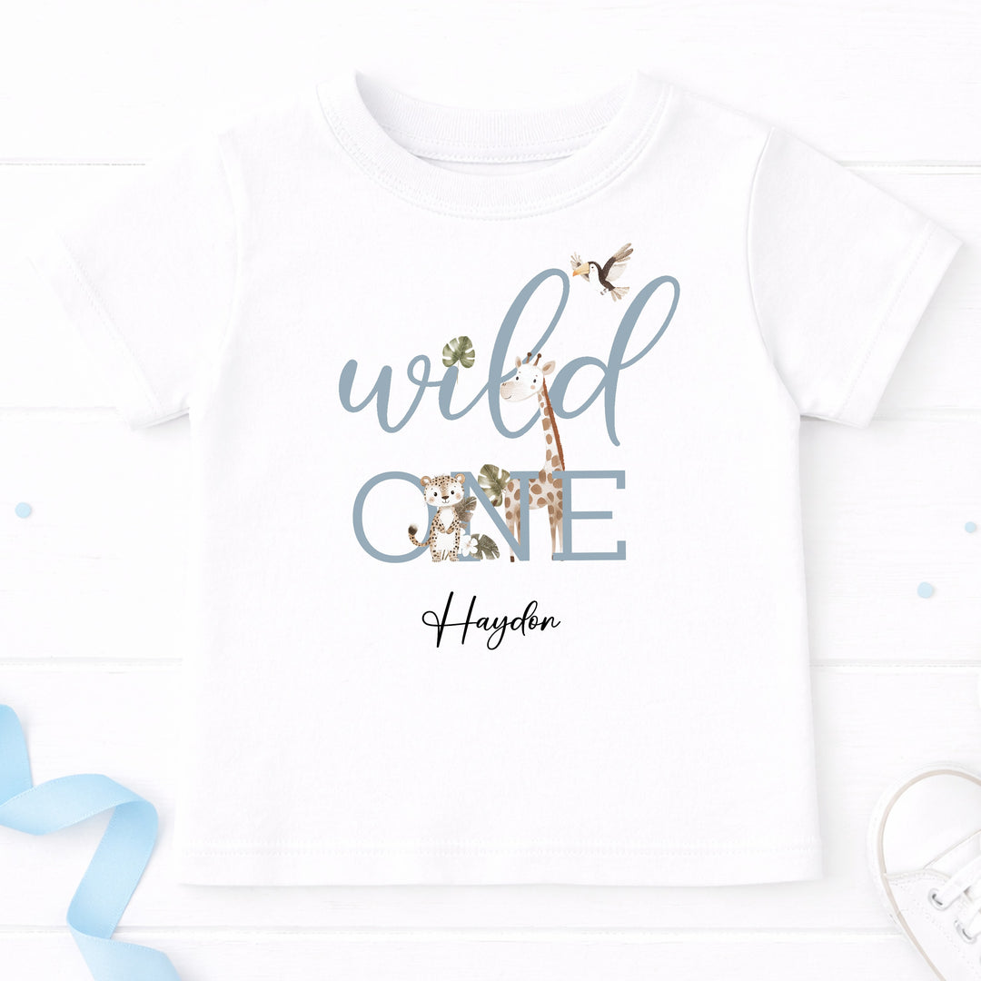 Personalised Blue Wild One Safari First Birthday T-Shirt