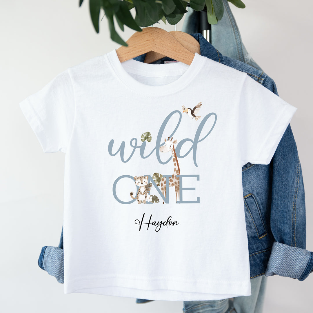 Personalised Blue Wild One Safari First Birthday T-Shirt