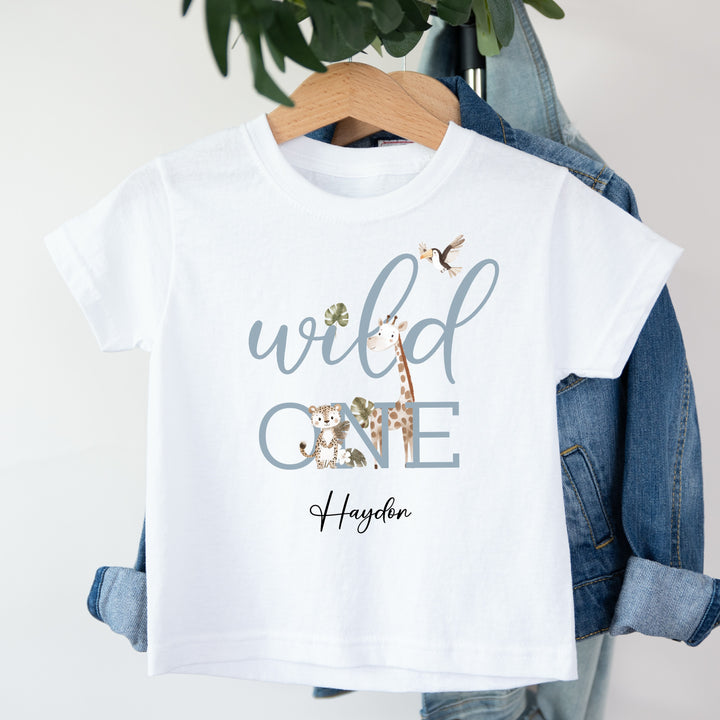 Personalised Blue Wild One Safari First Birthday T-Shirt