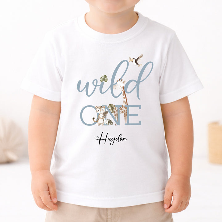 Personalised Blue Wild One Safari First Birthday T-Shirt