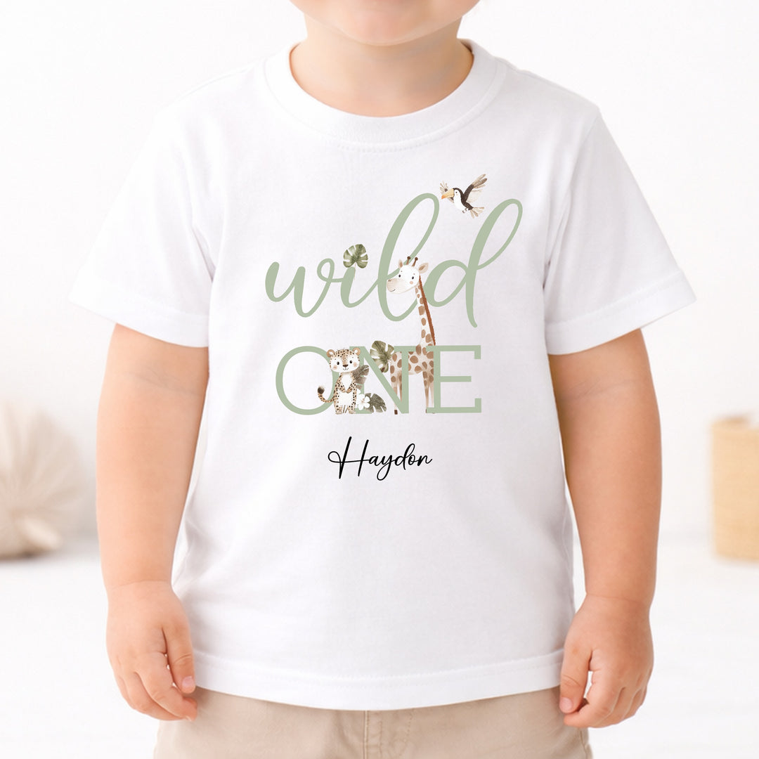Personalised Sage Green Wild One Safari First Birthday T-Shirt