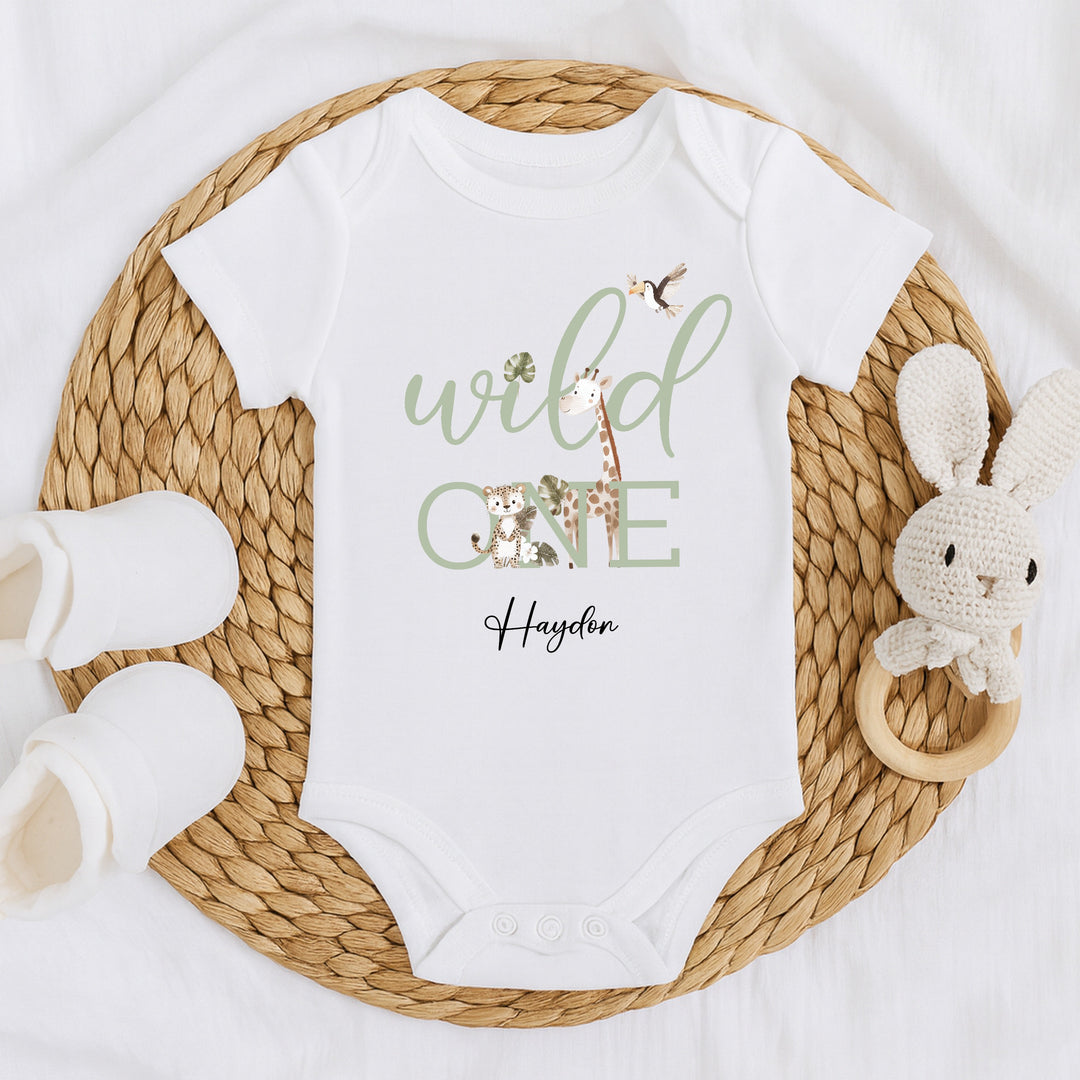 Personalised Sage Green Wild One First Birthday Vest