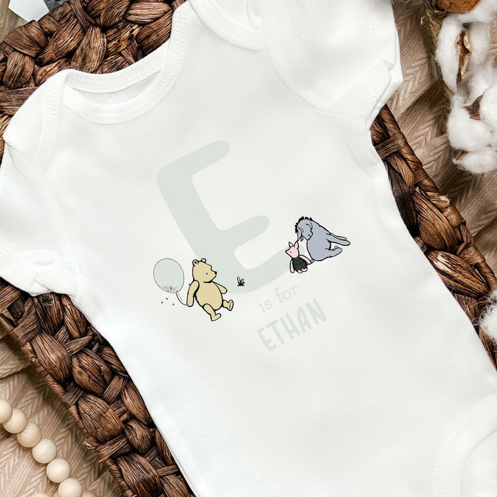 Personalised Mint Winnie the Pooh Initial Babygrow/Vest