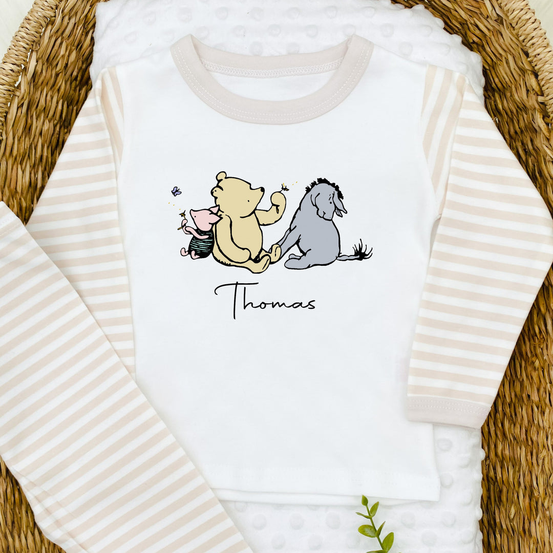 Personalised Pooh Bear Beige Stripe Pyjamas