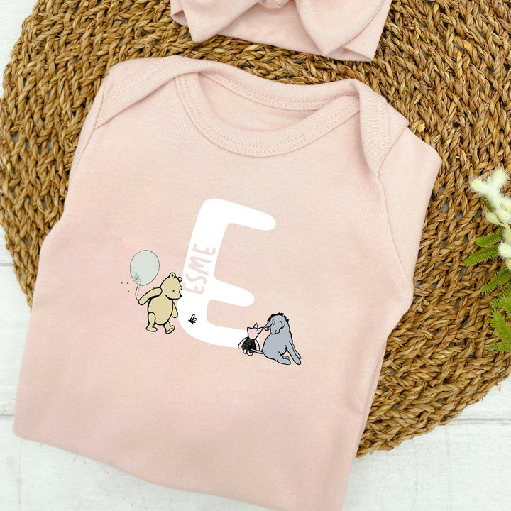 Personalised Winnie Pooh Initial Pink Babygrow with optional Heaband & Blanket