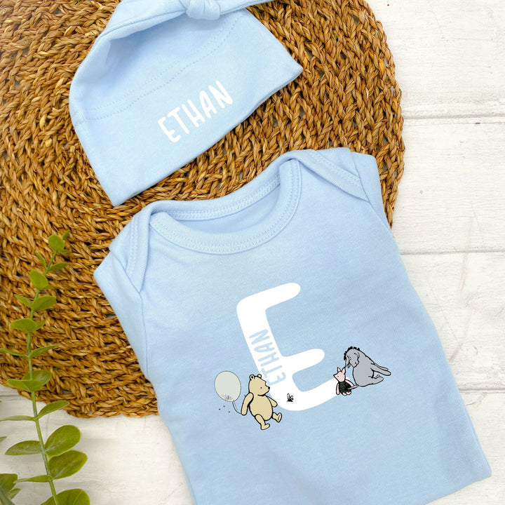 Personalised White Winnie the Pooh Initial Blue Babygrow, Blanket or Hat