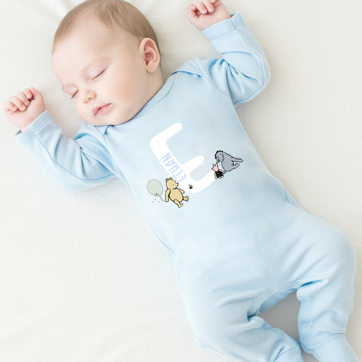 Personalised Pooh Bear Initial Blue Babygrow/Vest