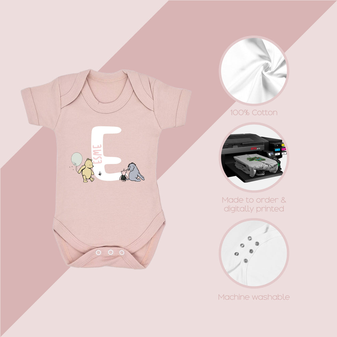 Personalised Pooh Bear Initial Pink Babygrow With Optional Matching Acessories